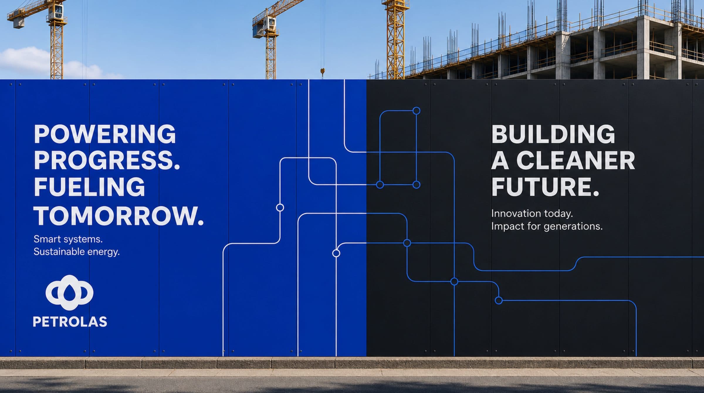 Petrolas construction hoarding with connected circuit-line graphics reading Powering progress. Fueling tomorrow.