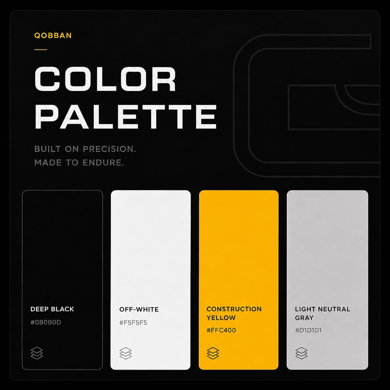 The Qobban palette: deep black, off-white, construction yellow and light neutral grey, with their hex values