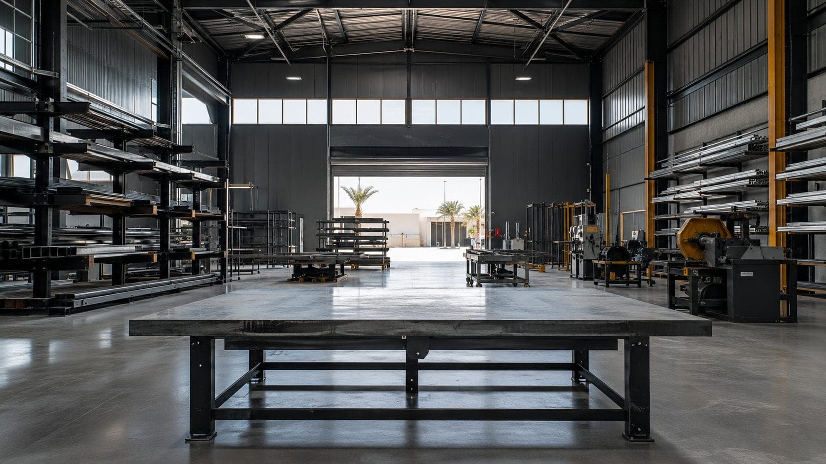 The Qobban fabrication workshop, benches and stock racked along the span